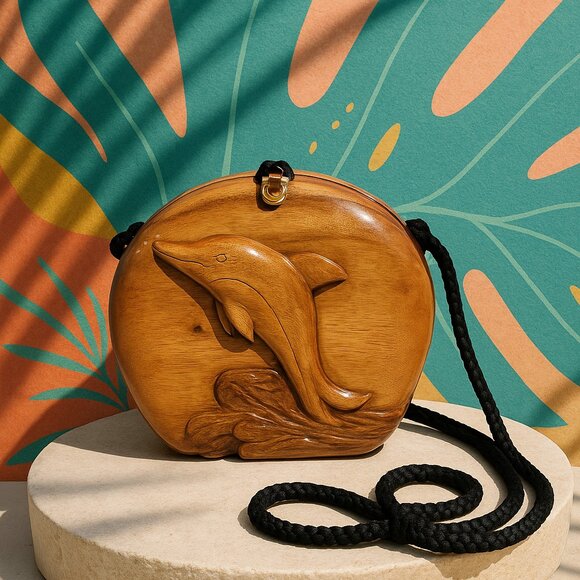 VTG Timmy Woods Dolphin Clutch Bag Wearable Art Carved Wood Purse Beverly Hills - Picture 1 of 10